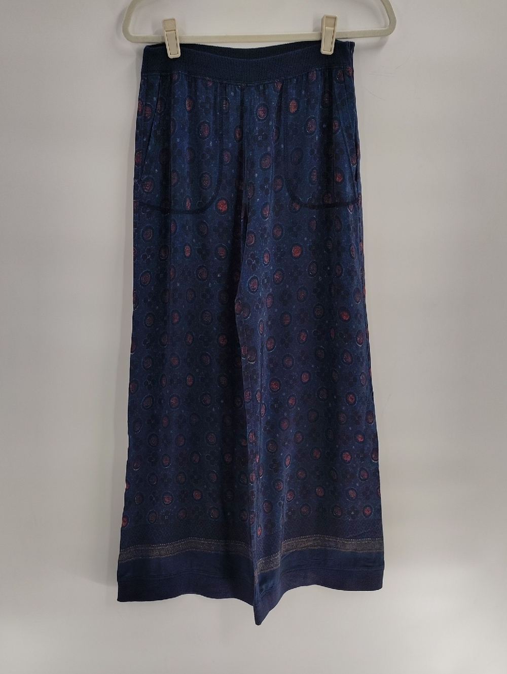 warm Wide Leg Pants Size XS Navy Print stretch Waist Zip Side